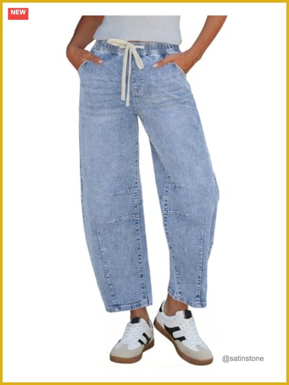 High Waisted Cropped Barrel Jeans Pull On Elastic Waist Stretchy Denim